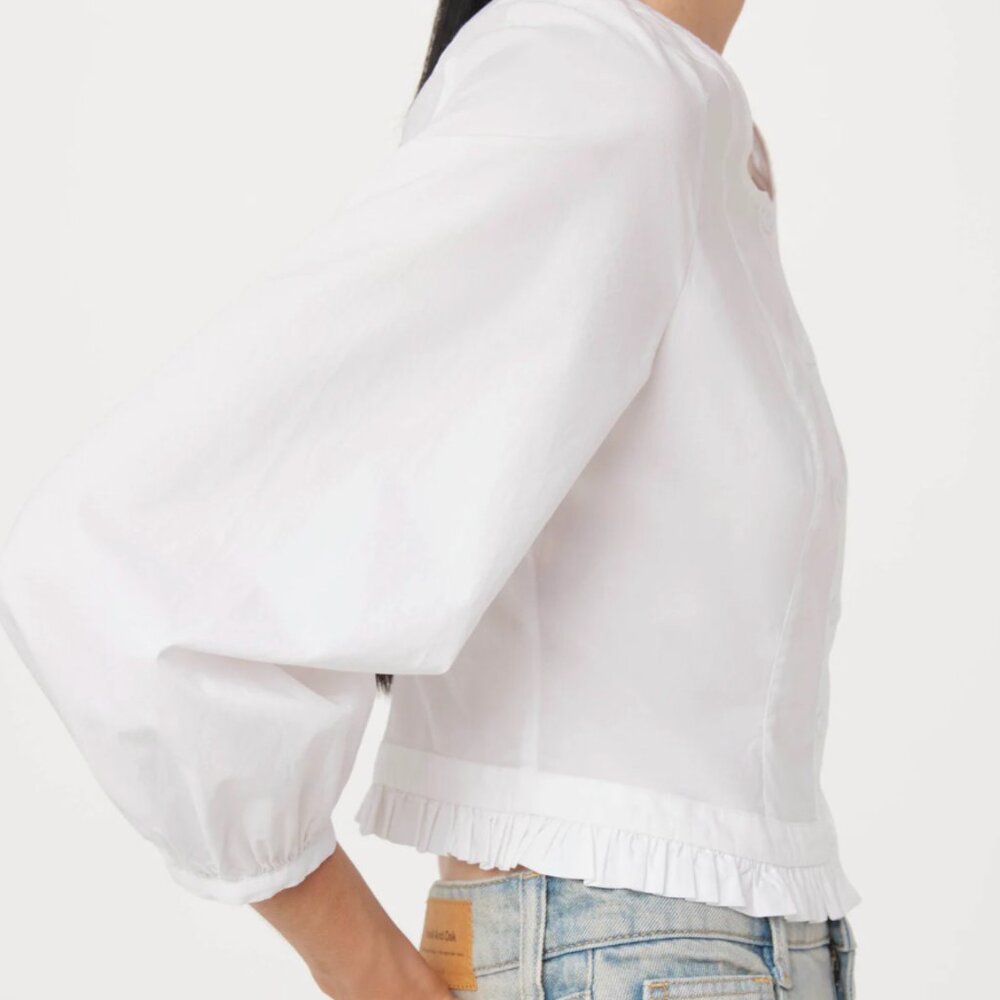 Frank & Oak White Ruffle Hem Puff Sleeve Blouse